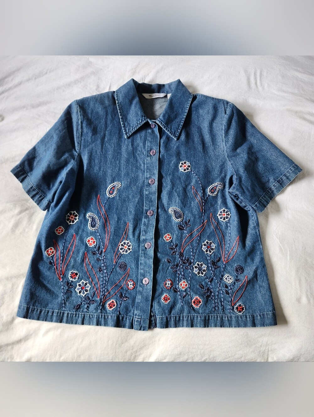 Vintage Paisley Embroidered Blue Denim Top
